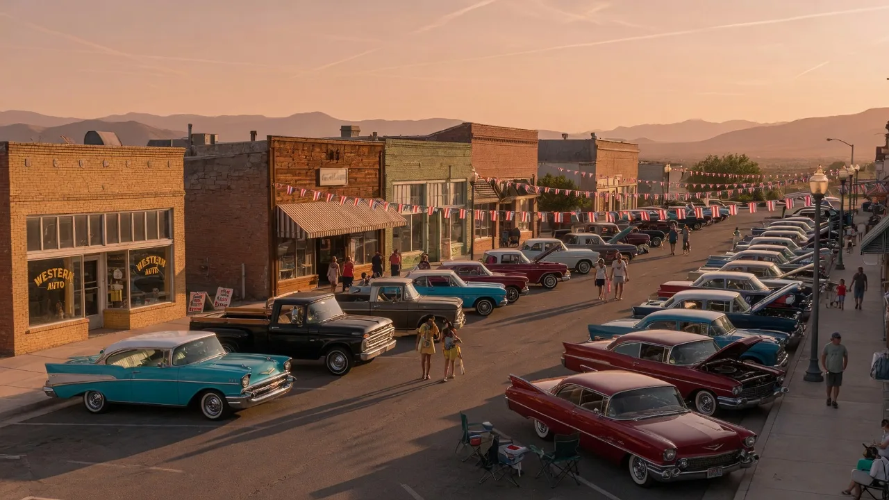 Classic cars lined up along a historic Nevada main street at golden hour