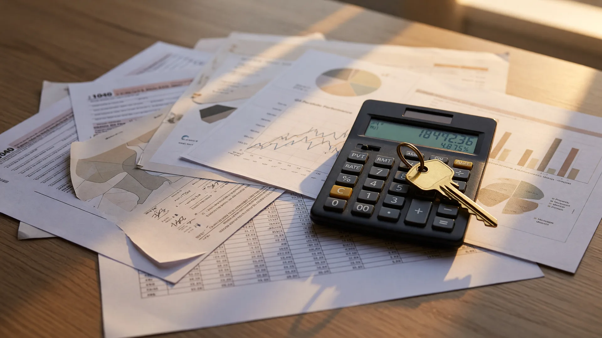 A calculator, financial documents, and a brass house key on a wooden desk representing tax planning for inherited property