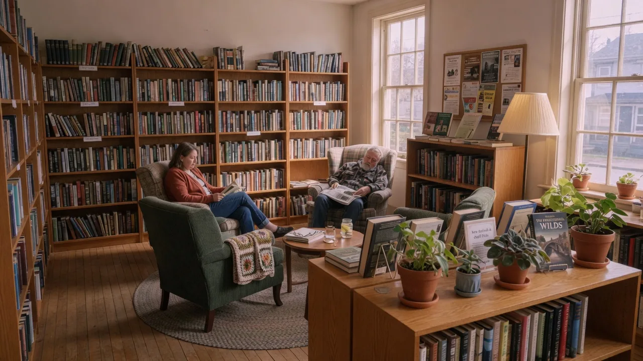 Inside the Abington Free Library with warm natural light through windows, wooden bookshelves, and a quiet reading area