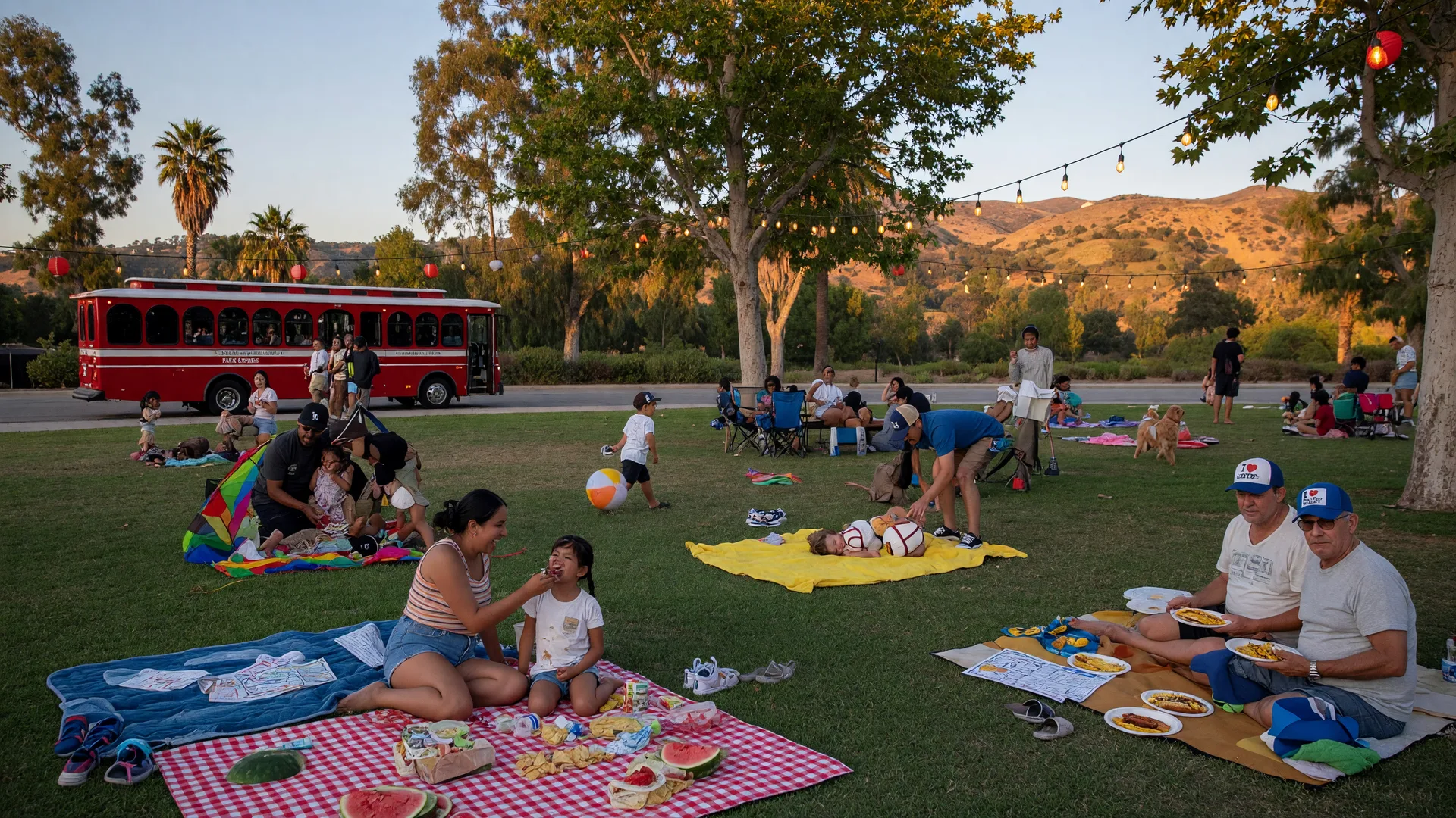 Families enjoying a golden-hour Labor Day picnic in a Santa Clarita park