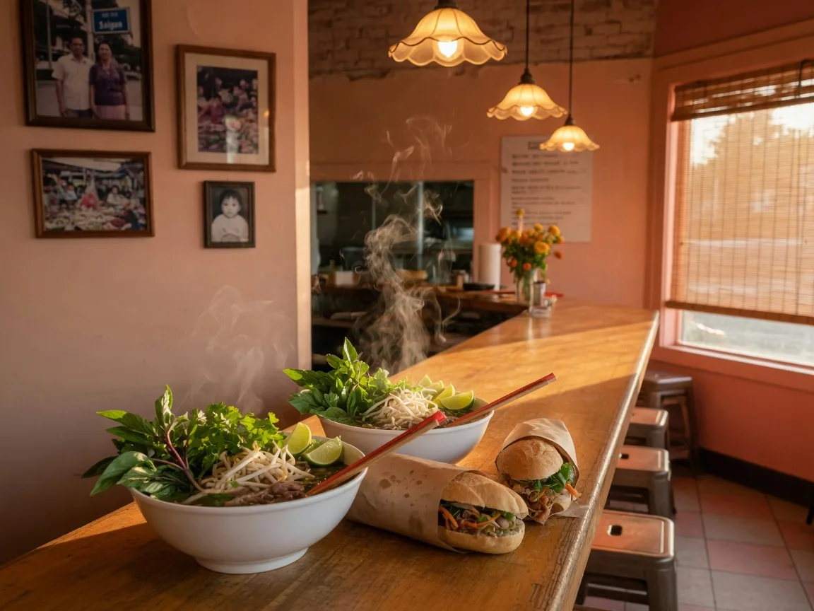 Steaming bowls of pho with fresh herbs and paper-wrapped banh mi on a wooden counter in a family-run East Portland restaurant