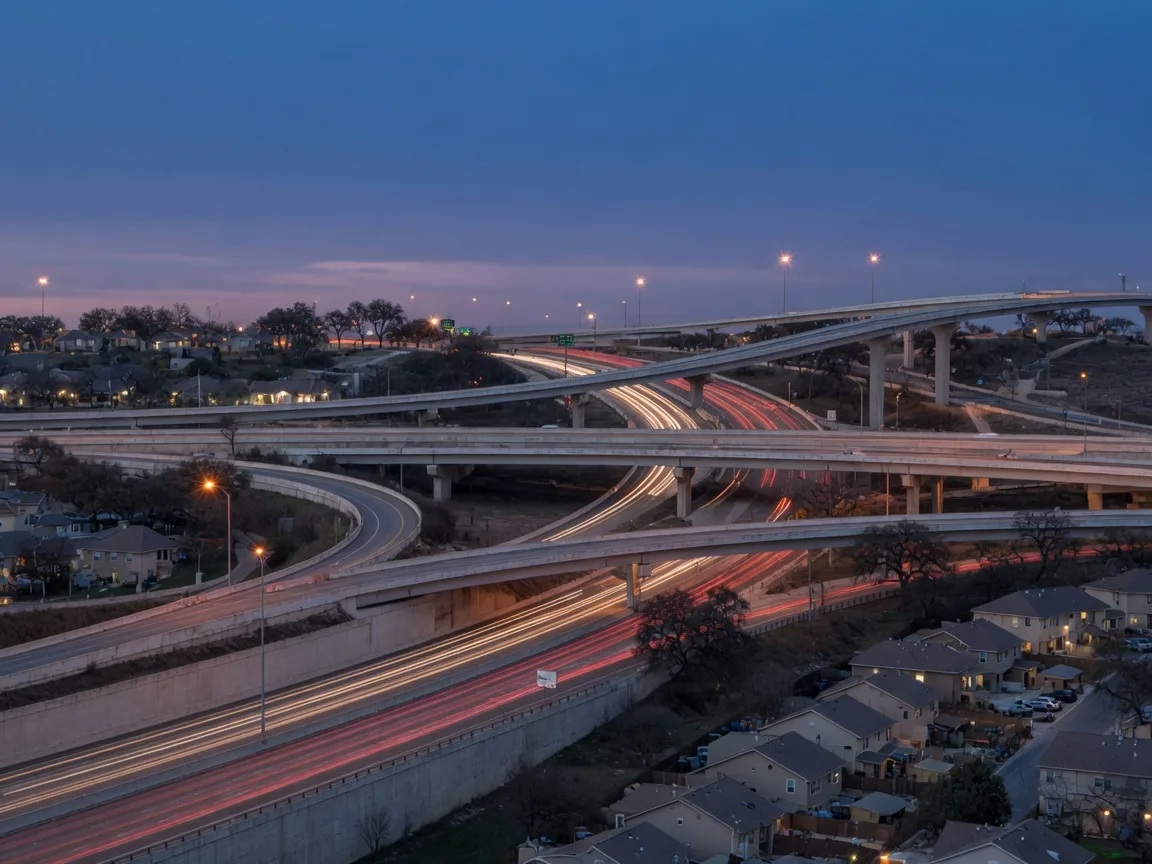 The rebuilt I-10 and Loop 1604 interchange in northwest San Antonio at dusk, with elevated ramps lit against a deep blue sky