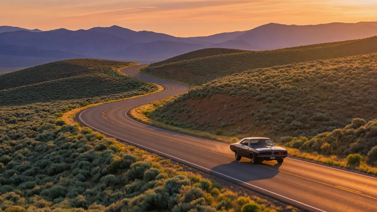 Classic muscle car cruising along a winding Nevada desert highway at golden hour