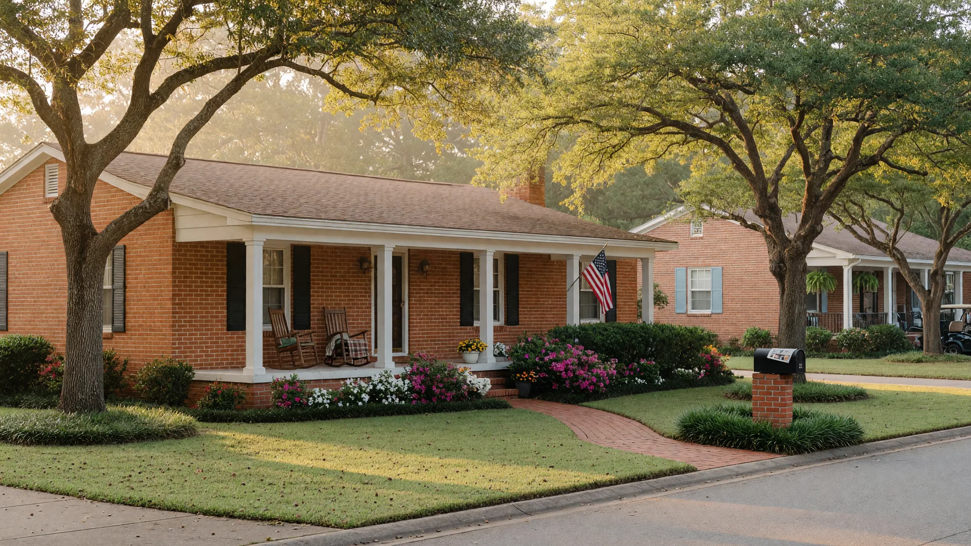 Cozy single-story brick home with a front porch and rocking chairs in a quiet South Carolina neighborhood community