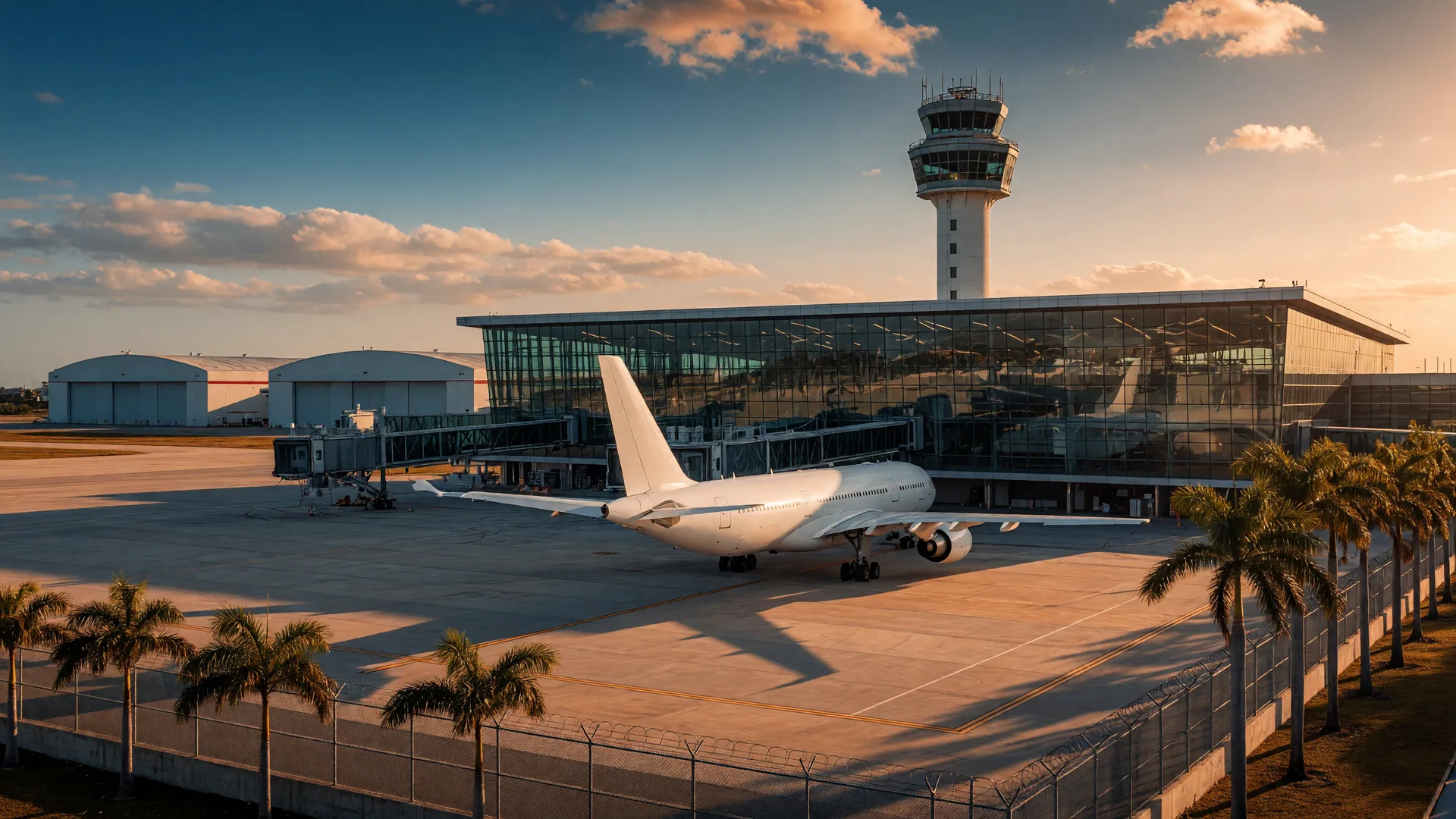 A wide-body jet on the tarmac of a tropical international airport at late afternoon, with palms and a glass terminal in the background