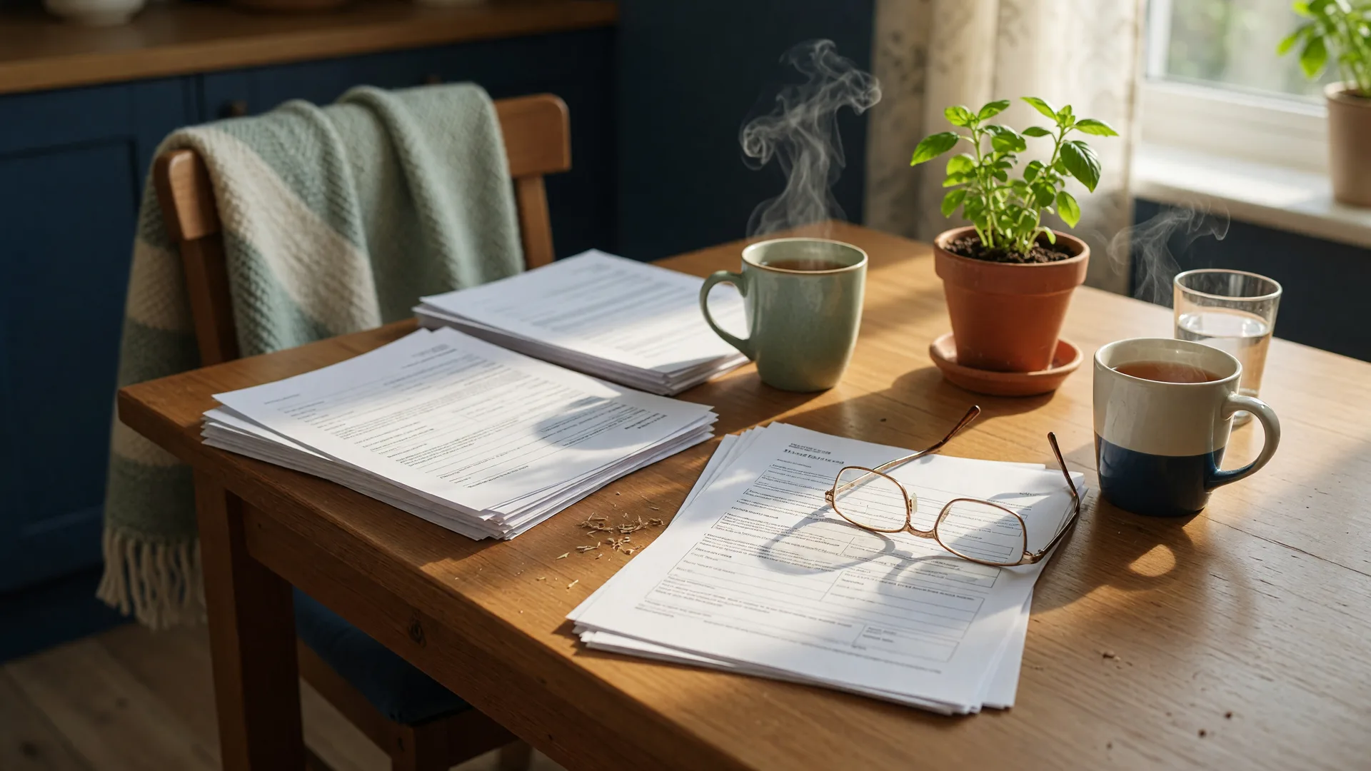 Financial documents, reading glasses, and tea on a sunlit kitchen table where a family has been talking through a parent's options