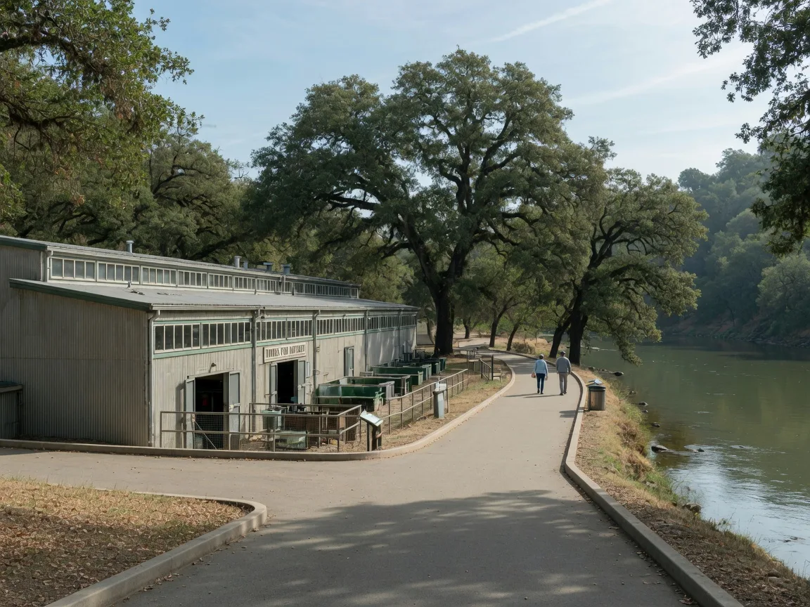 The Nimbus Fish Hatchery beside the American River with flat walking trails and mature oak trees