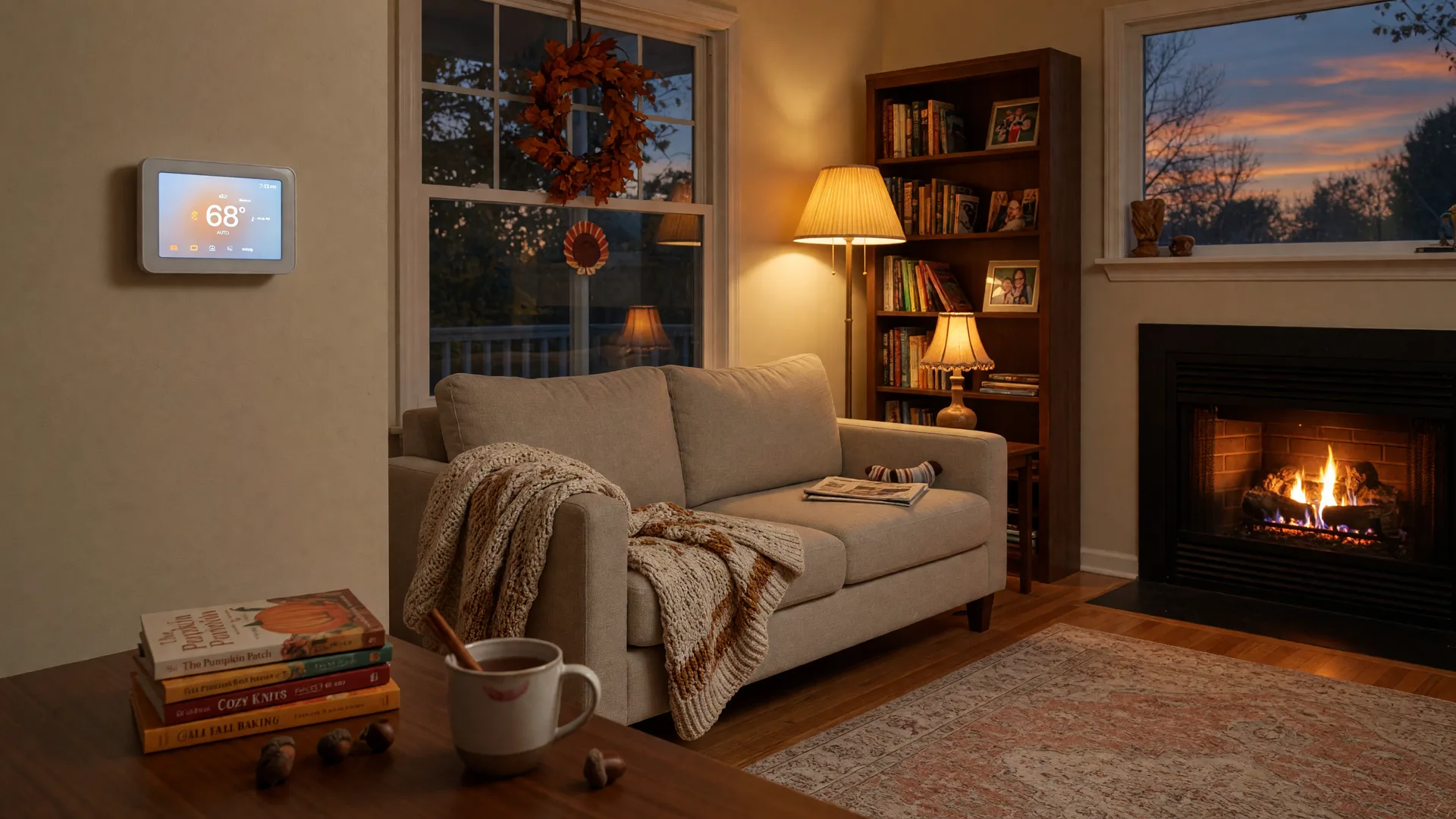 A cozy living room on a crisp autumn evening with a glowing smart thermostat on the wall, representing a Delran home ready for winter