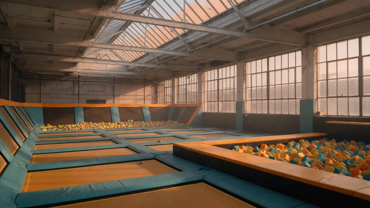 Bright indoor trampoline park with wall-to-wall courts and a tall skylight ceiling inside the converted department store