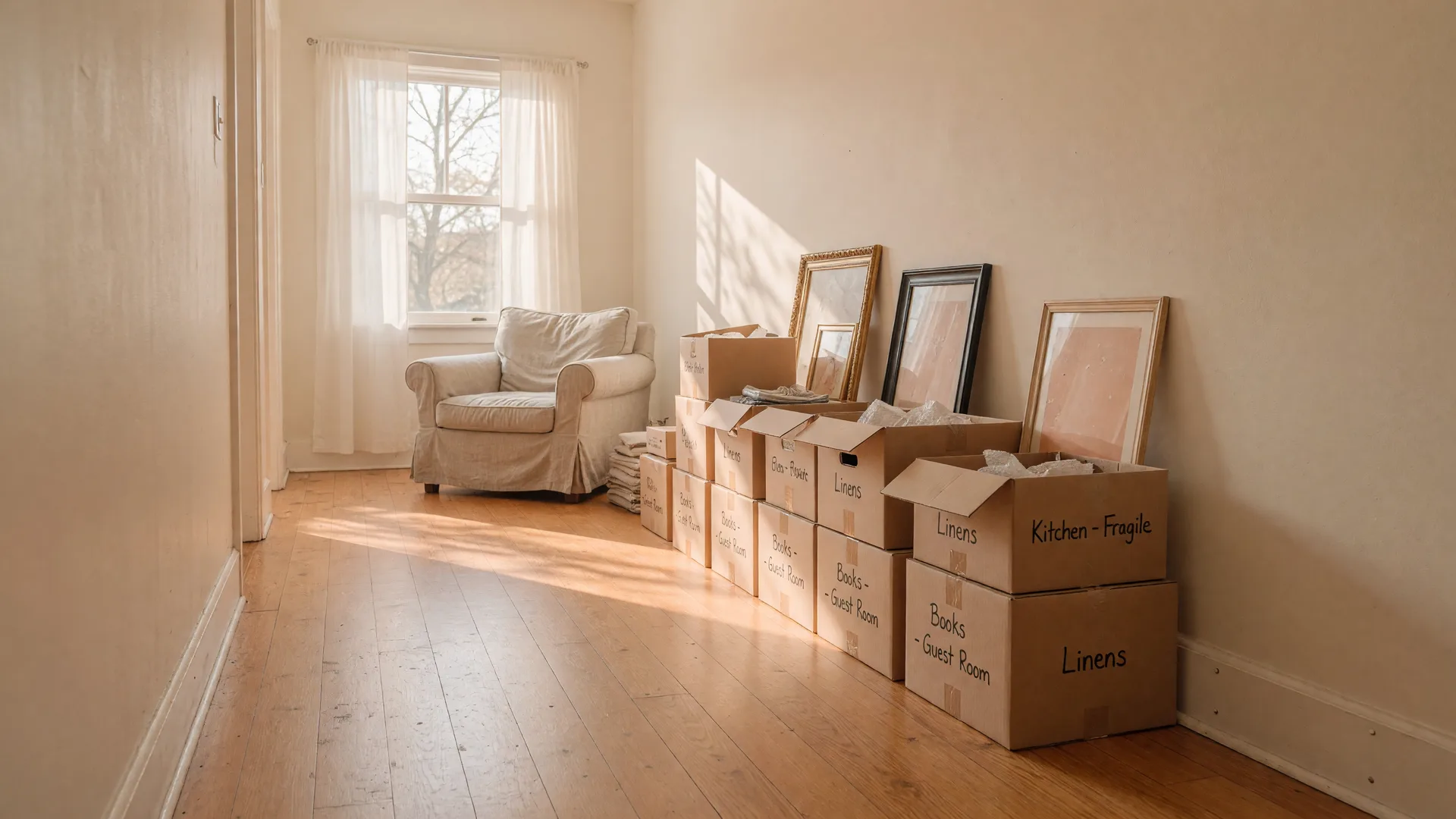 A calm sunlit hallway with neat rows of moving boxes and a linen armchair at the far end