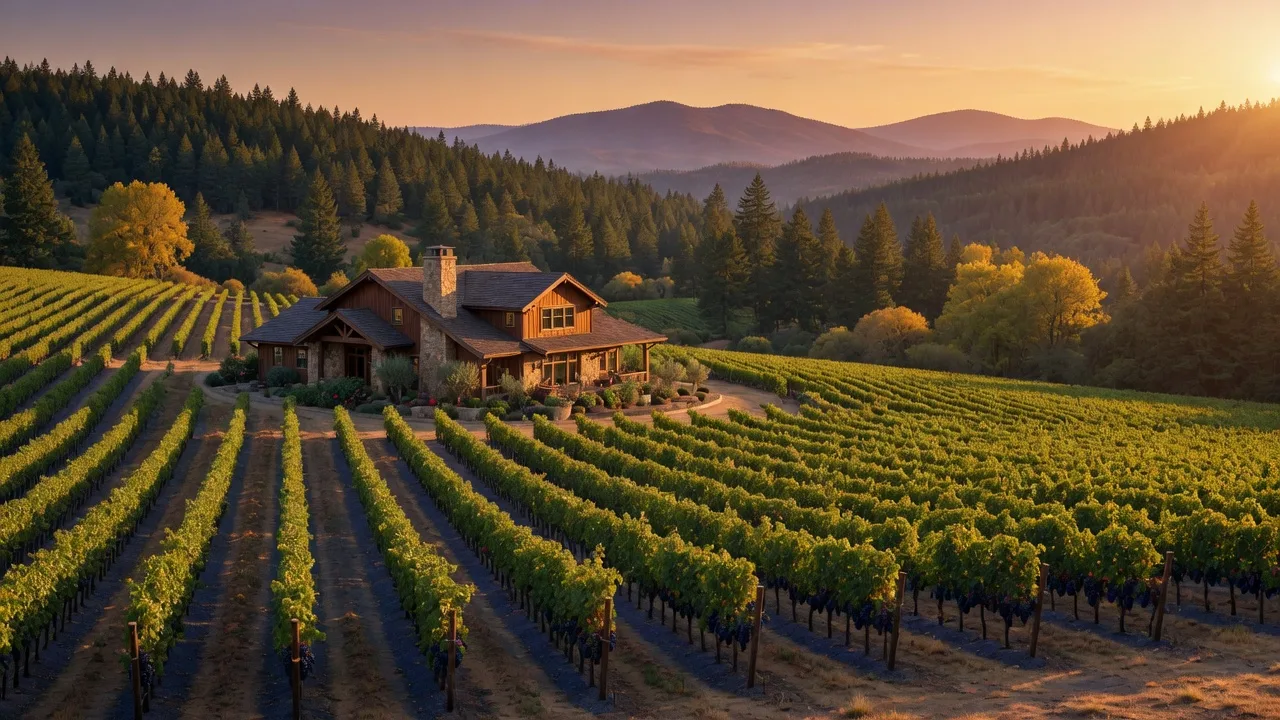 Vineyard estate in the Applegate Valley, Oregon with custom stone home