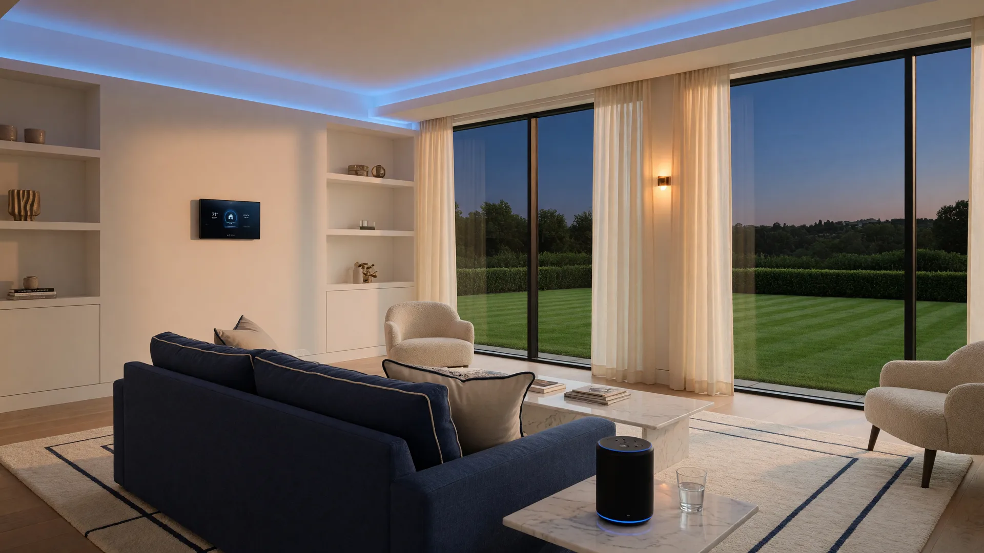 Modern luxury living room with smart home technology including a sleek thermostat, voice assistant, and ambient smart lighting in warm evening tones