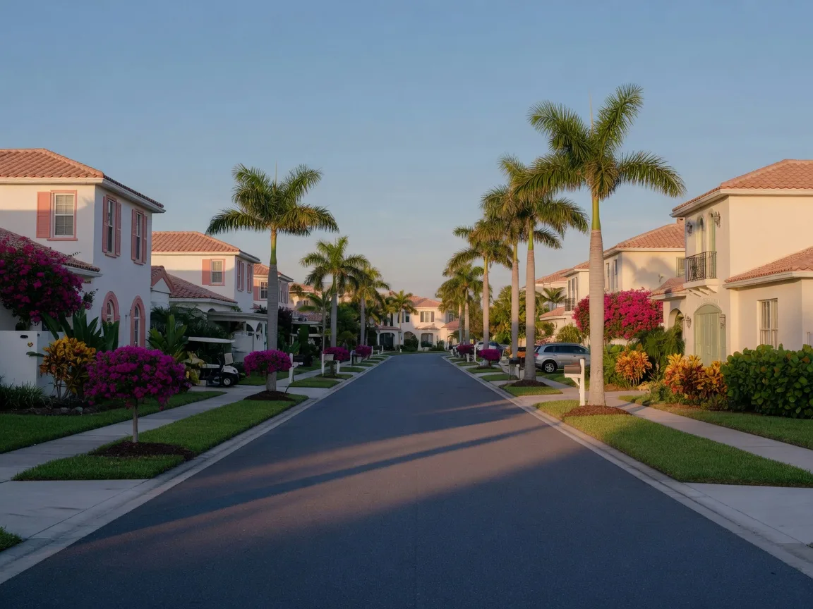Quiet residential street in a Naples, Florida community with cream stucco homes, terracotta roofs, and mature palms in golden-hour light