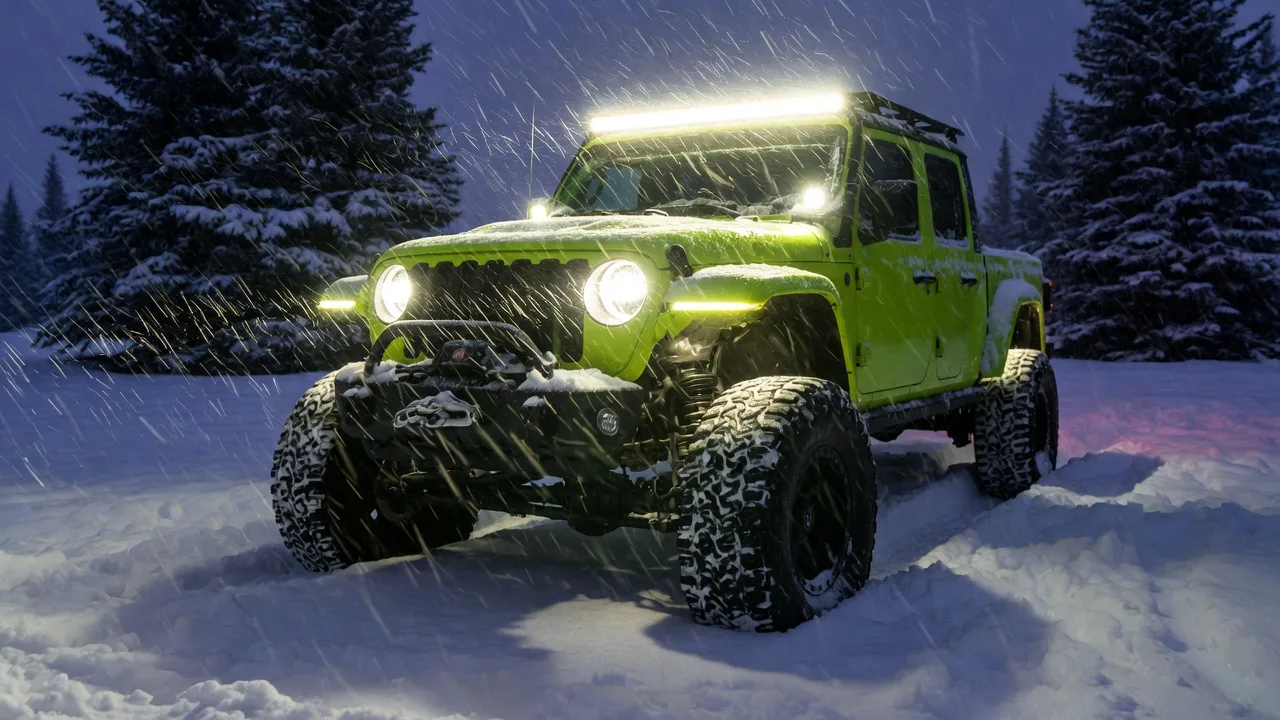 A bright lime-green lifted Jeep Gladiator with a light bar and winch parked in deep Park City snow at dusk