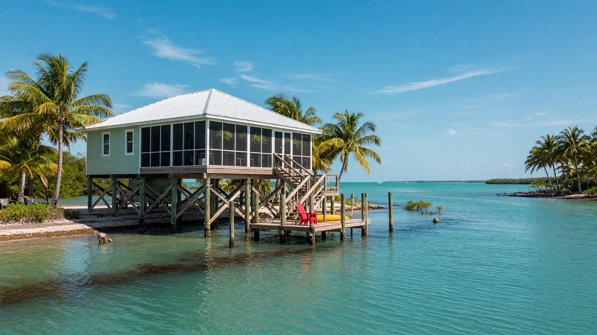 Elevated Florida Keys stilt home raised on pilings above turquoise water with palm trees along the shoreline