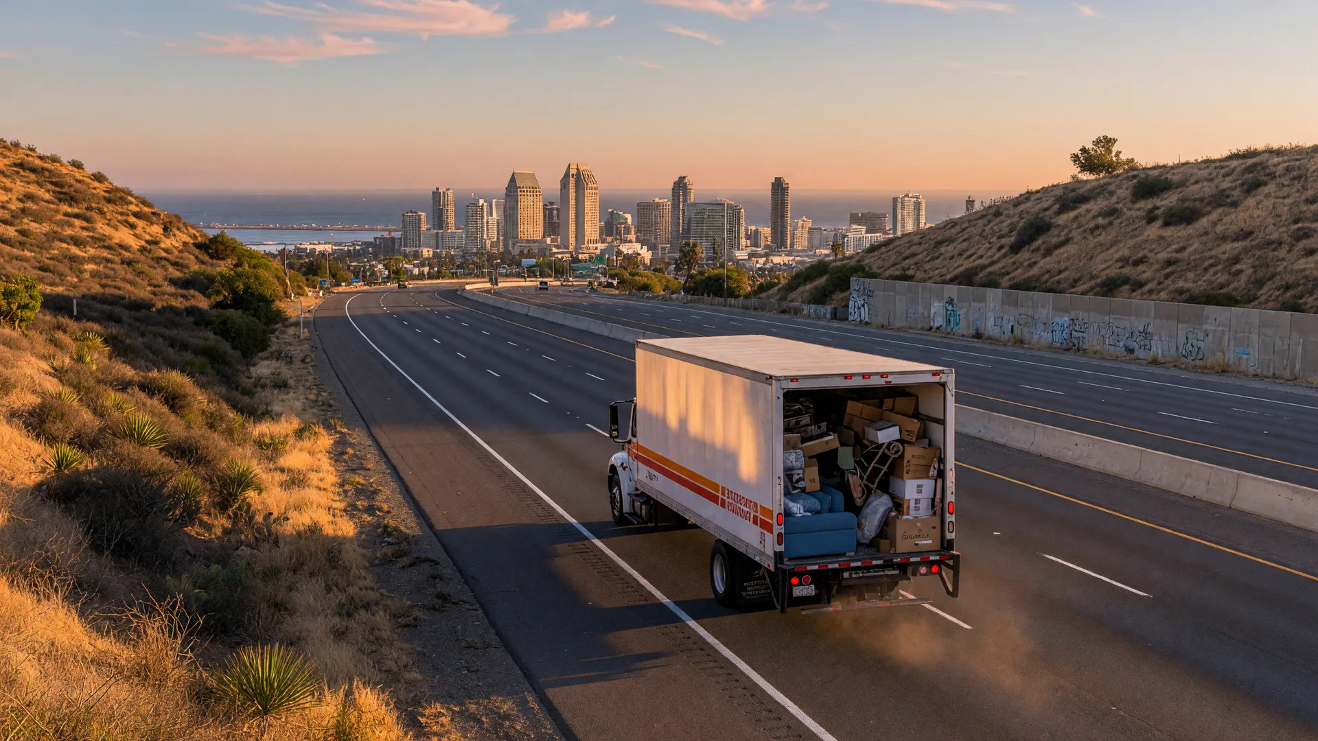 A loaded moving truck driving east on a desert freeway out of San Diego at golden hour, the hazy Pacific coastline and city skyline receding behind it
