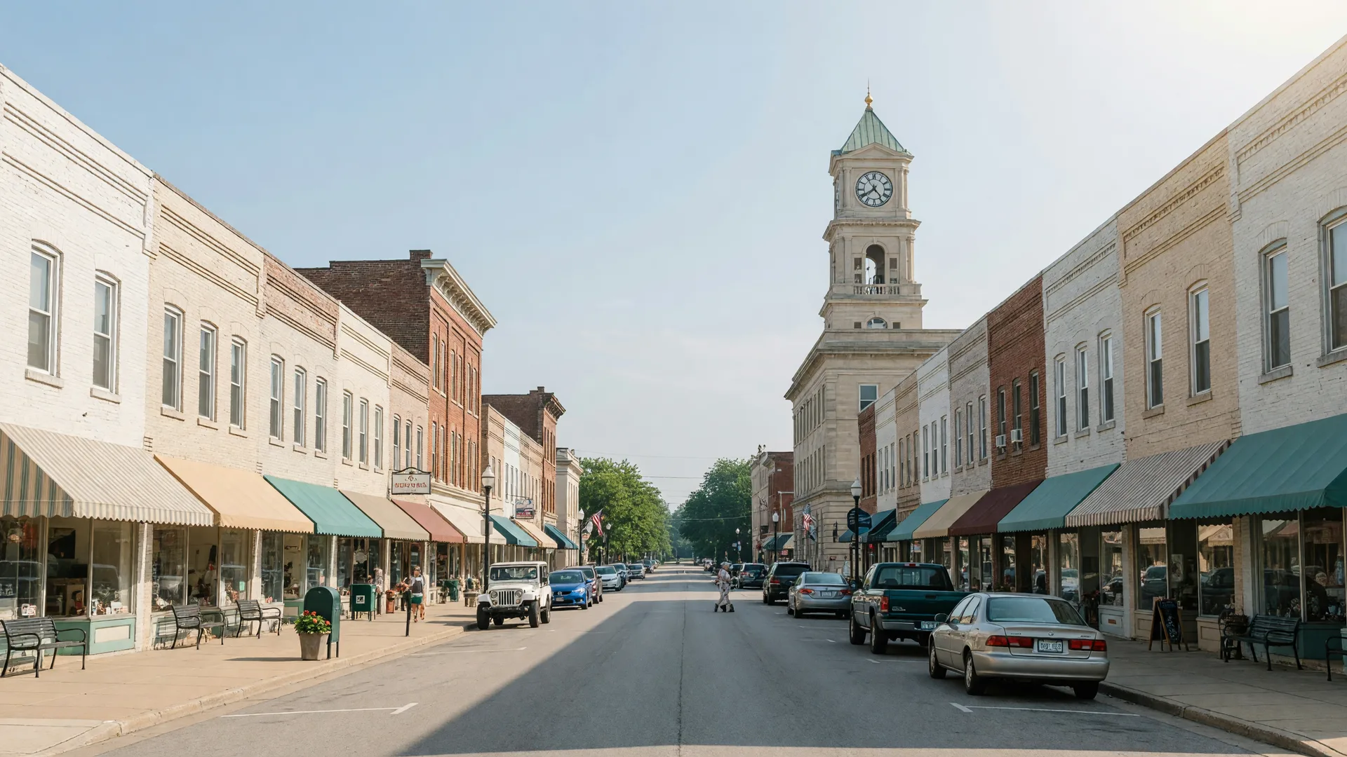 A bright morning on the main street of a small Ohio town, with brick storefronts and a clock tower in the distance