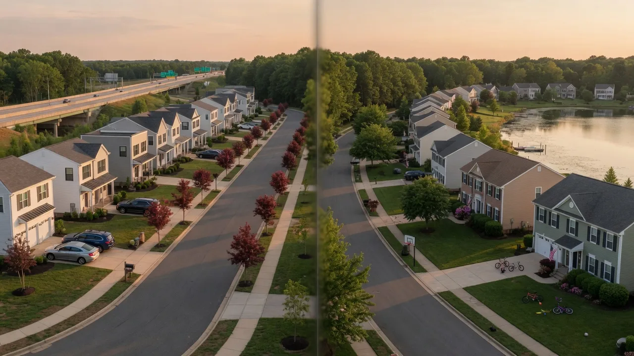 Split-screen comparison of a contemporary tree-lined Mount Laurel corridor and the classic lakefront family suburbs of Marlton in golden-hour light