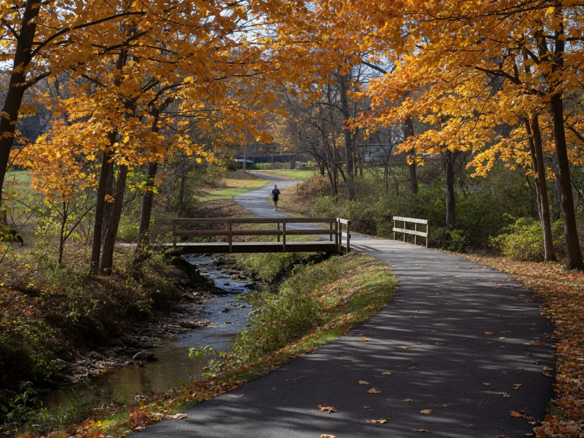 Paved multi-use trail winding through golden autumn woods beside a creek with a wooden footbridge, the style of the Cross County Trail and Schuylkill River Trail near Plymouth Meeting
