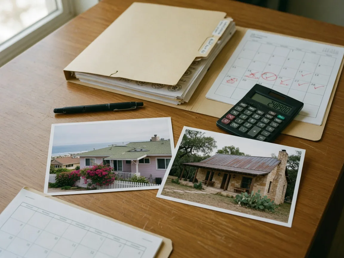 A flat lay on a wooden desk: a closing folder, a printed calendar with two dates circled in red, a calculator, and two printed house photos, one coastal and one Hill Country, the paperwork shorthand for an exchange between two states