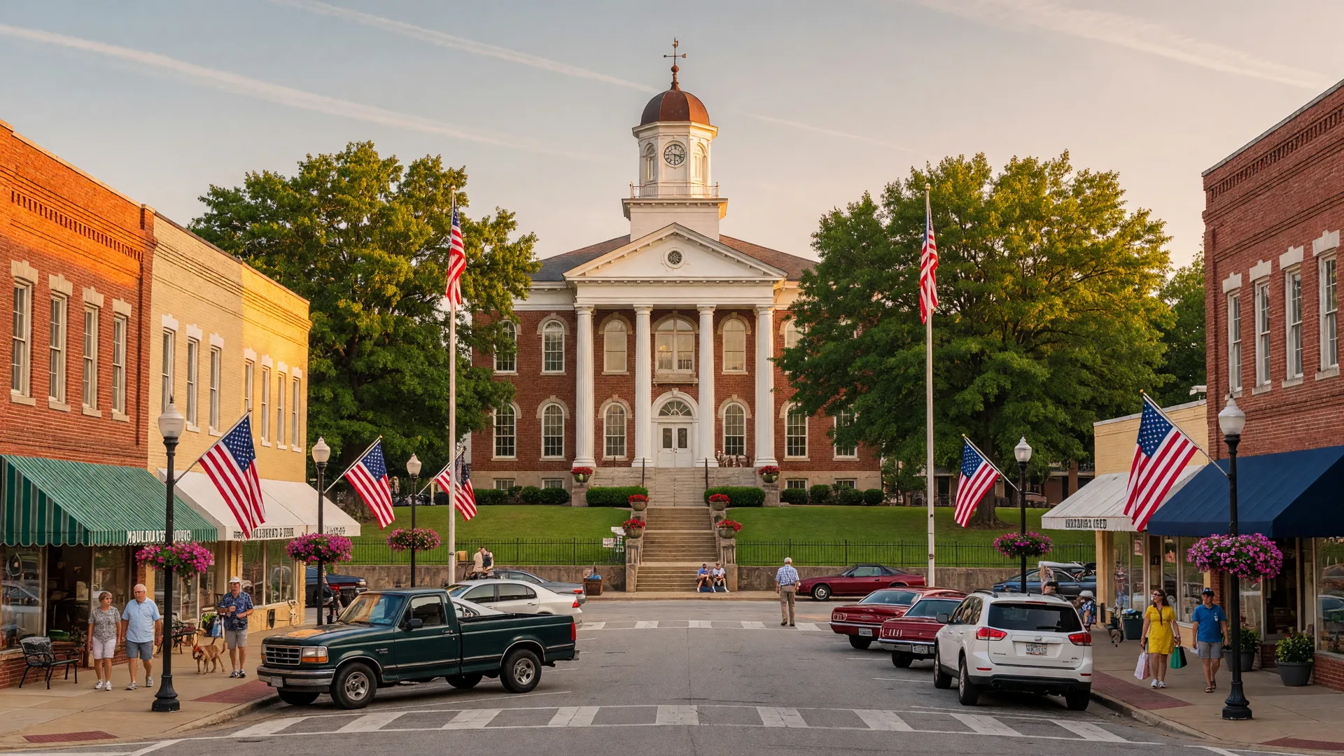 Historic downtown Dallas Georgia square with Paulding County courthouse and small-town storefronts