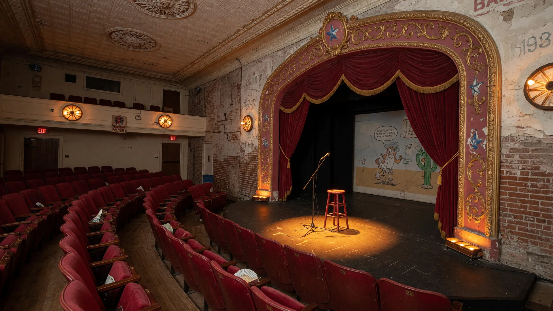 Historic community theatre auditorium with red velvet seats, ornate proscenium stage, and a single microphone stand under warm amber spotlight