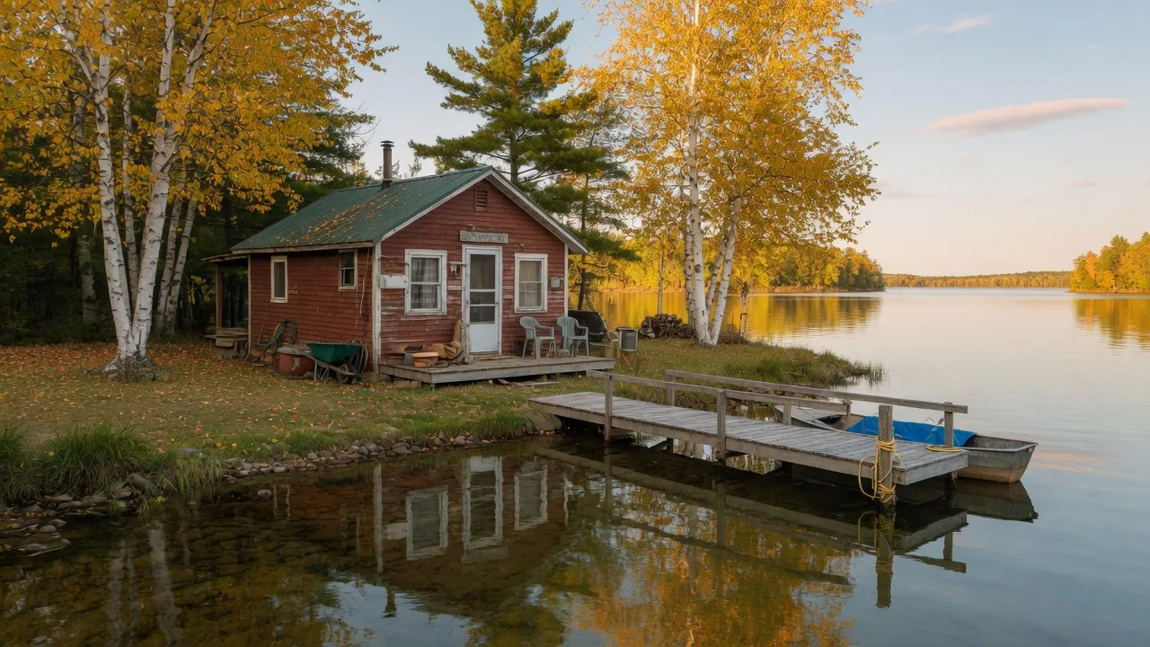 A modest older cabin on a beautiful Minnesota lake at golden hour, with a wooden dock and autumn trees, the kind of fixer-upper that sits on the best water