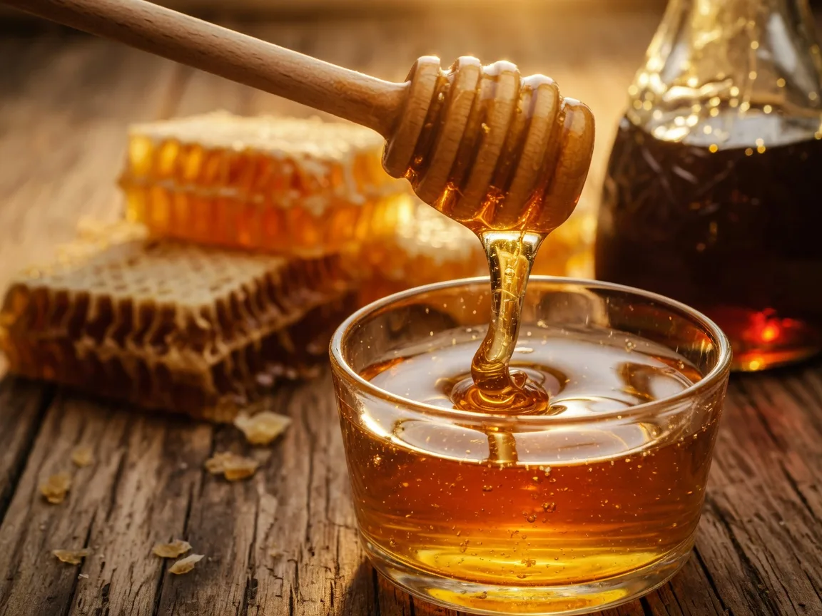 Golden honey being poured from a wooden dipper into a glass of mead with warm amber backlighting
