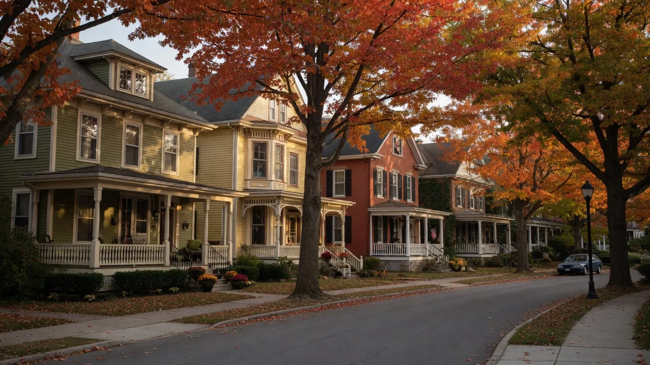 Tree-lined residential street in Lansdowne, PA with historic Victorian and Foursquare homes