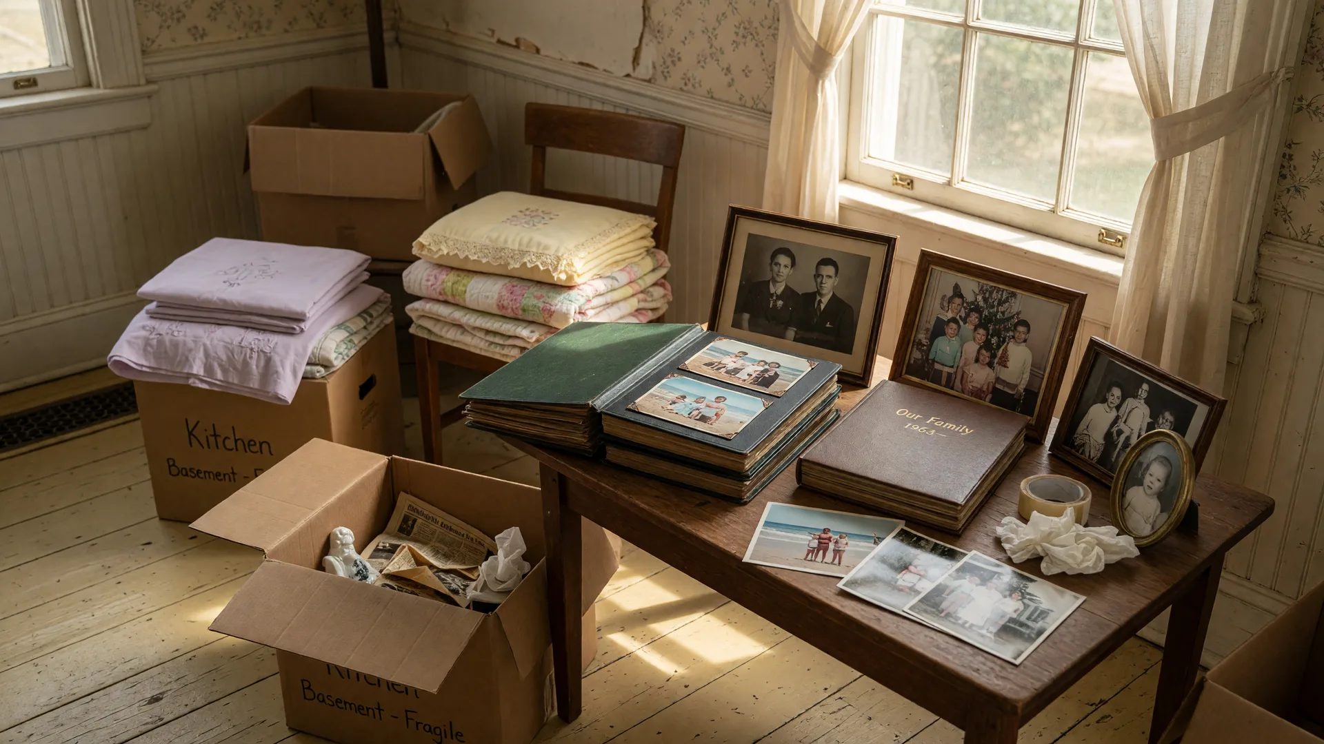 Sunlit colonial home interior with moving boxes, vintage photo albums, and framed family photos being carefully sorted