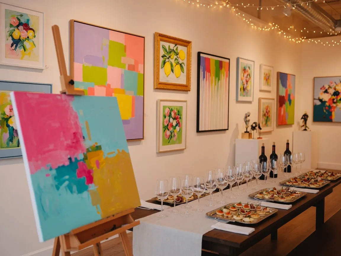 Bright gallery interior with paintings, an easel and refreshments at Art on 12