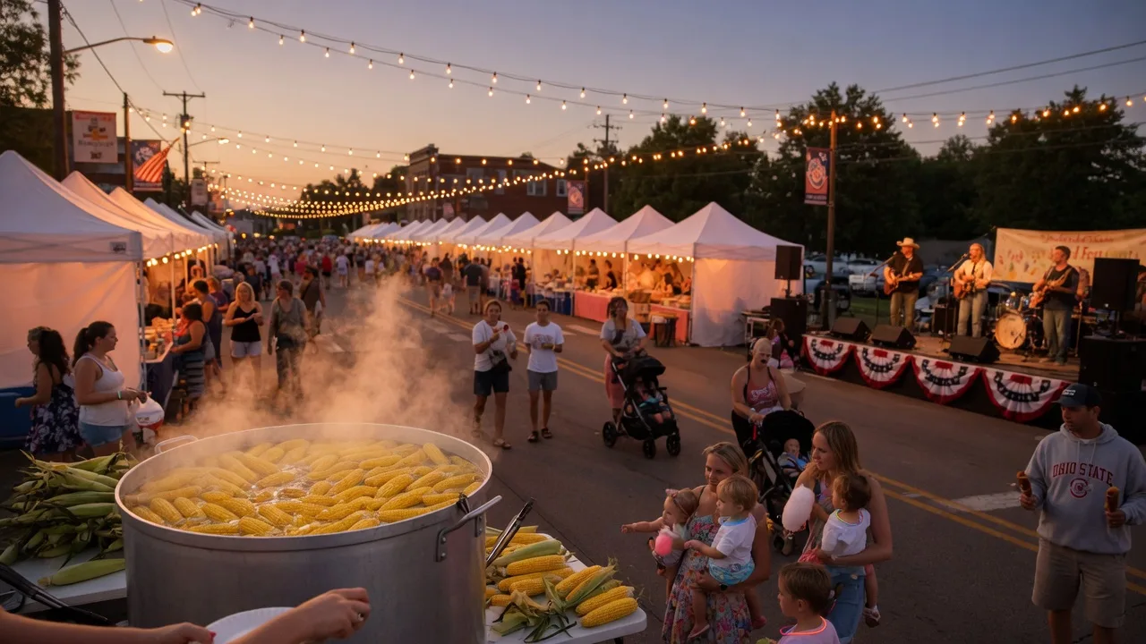 Fairborn Sweet Corn Festival street scene at golden hour with vendor tents, a steaming pot of corn, and string lights above the crowd