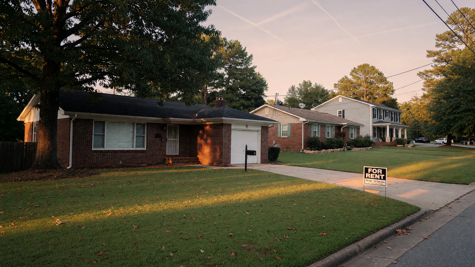A classic red-brick Cobb County ranch home in Mableton, Georgia at golden hour with a For Rent sign at the driveway edge and a newer craftsman build down the street, representing the 2026 rental investment question