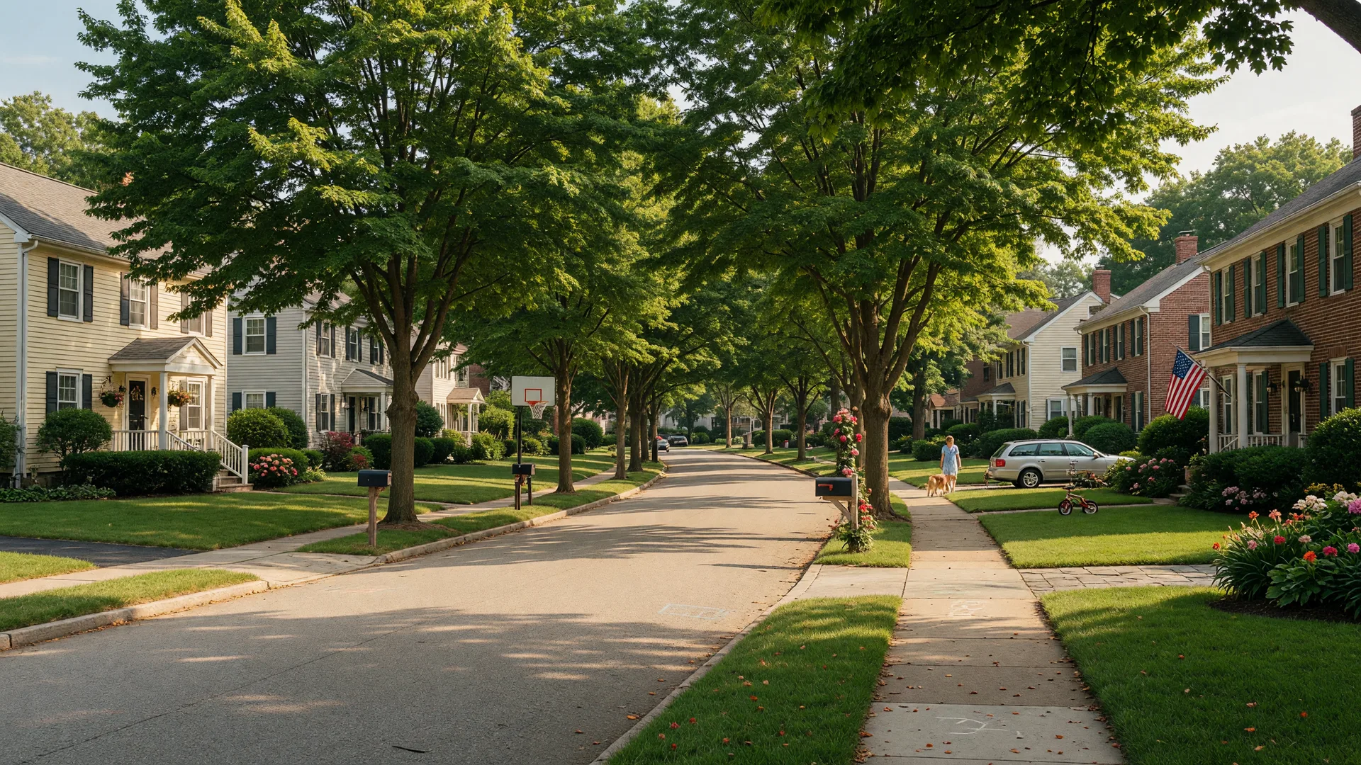 Tree-lined residential street in Park Ridge, New Jersey with classic suburban homes on a summer afternoon