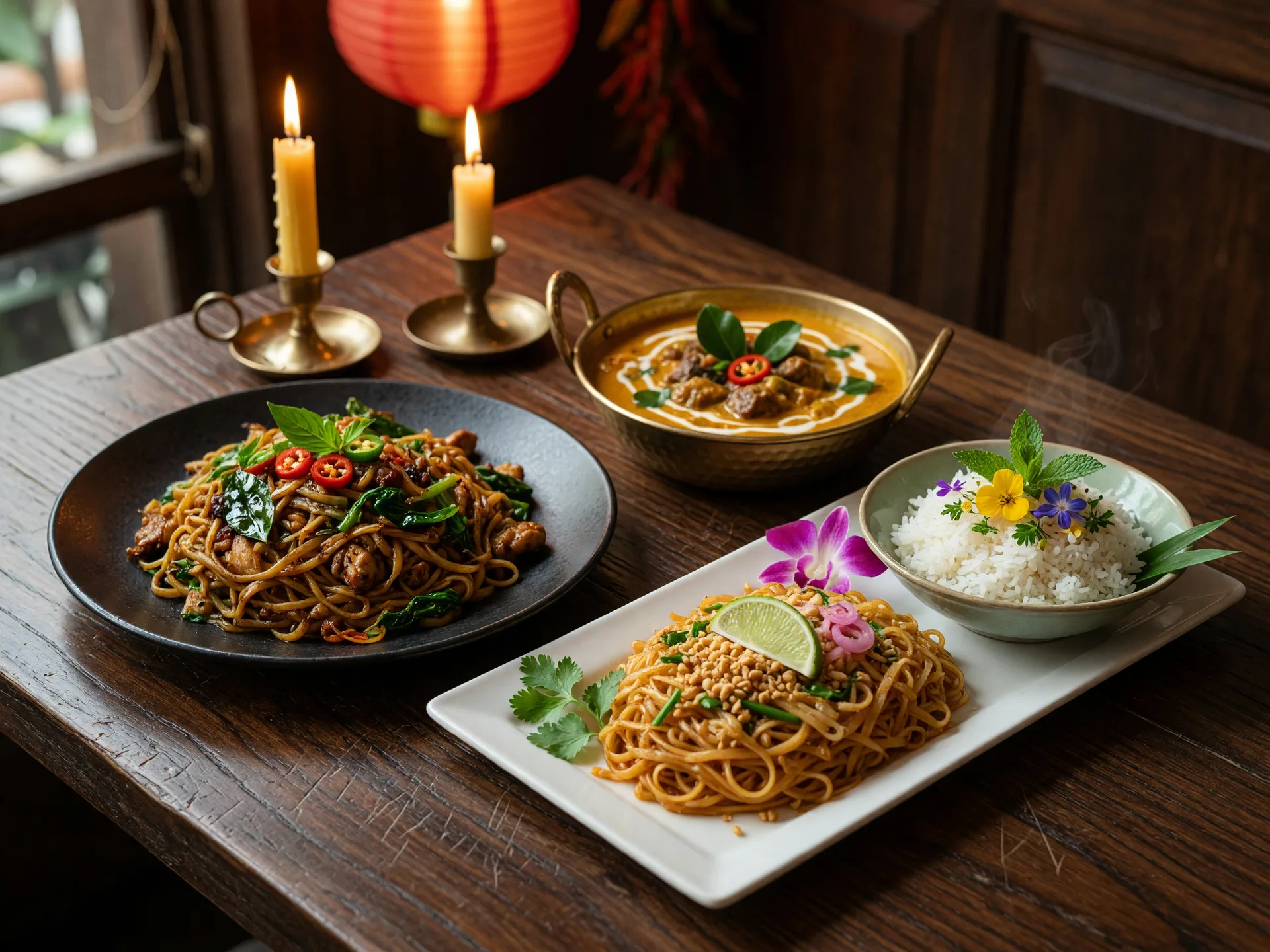 Elegantly plated Thai dishes at Tani Thai Restaurant in Buford Georgia including drunken noodles, pad thai, panang curry, and jasmine rice
