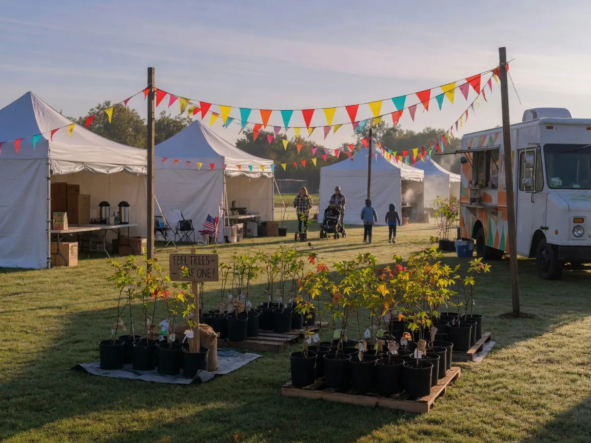 Event graphic of a small-town autumn community celebration with vendor tents, a food truck, and rows of tree saplings on a town green.