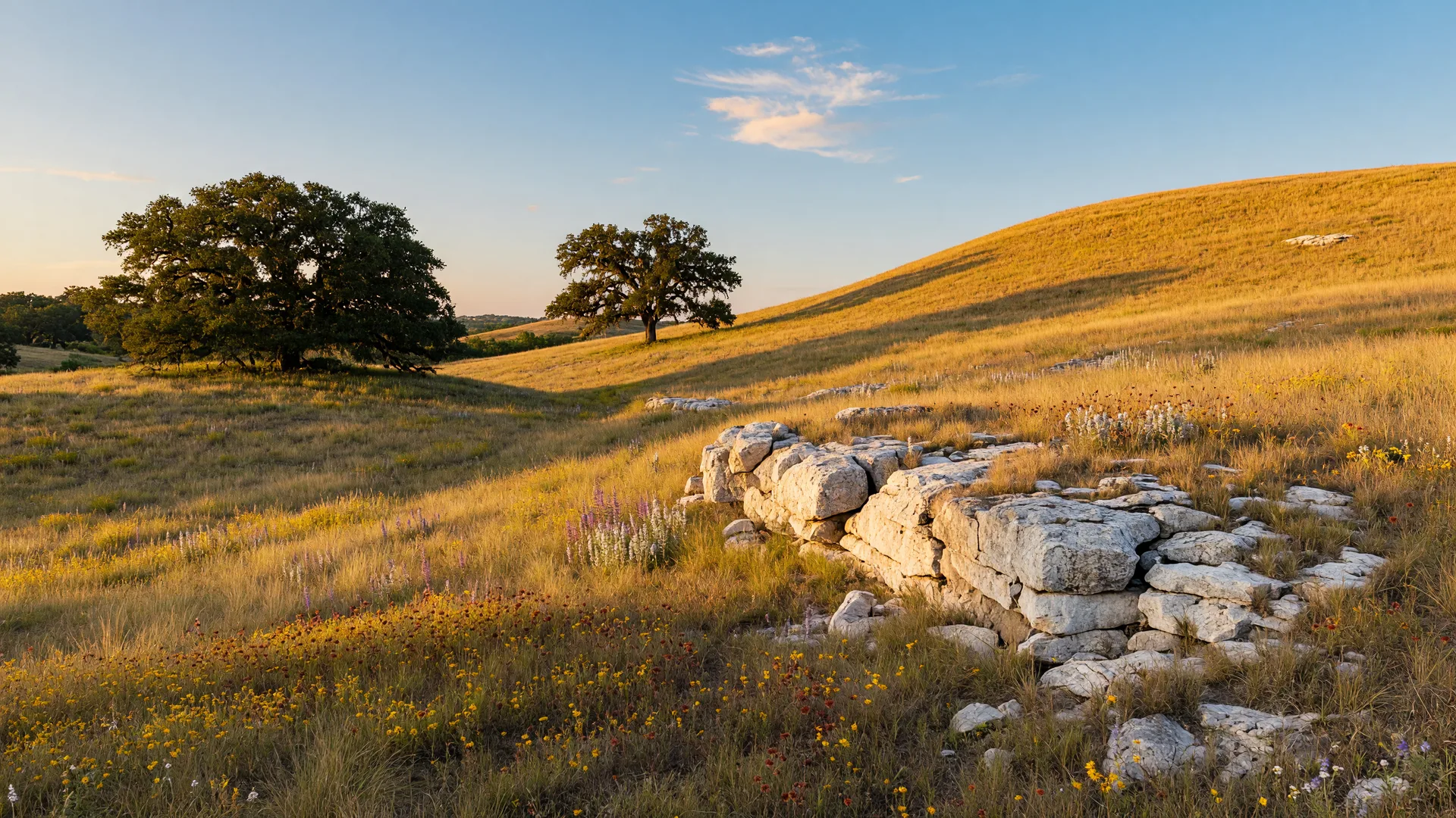 Rolling golden Hill Country pasture with live oaks, limestone outcroppings, and native wildflowers near Sierra West in Driftwood