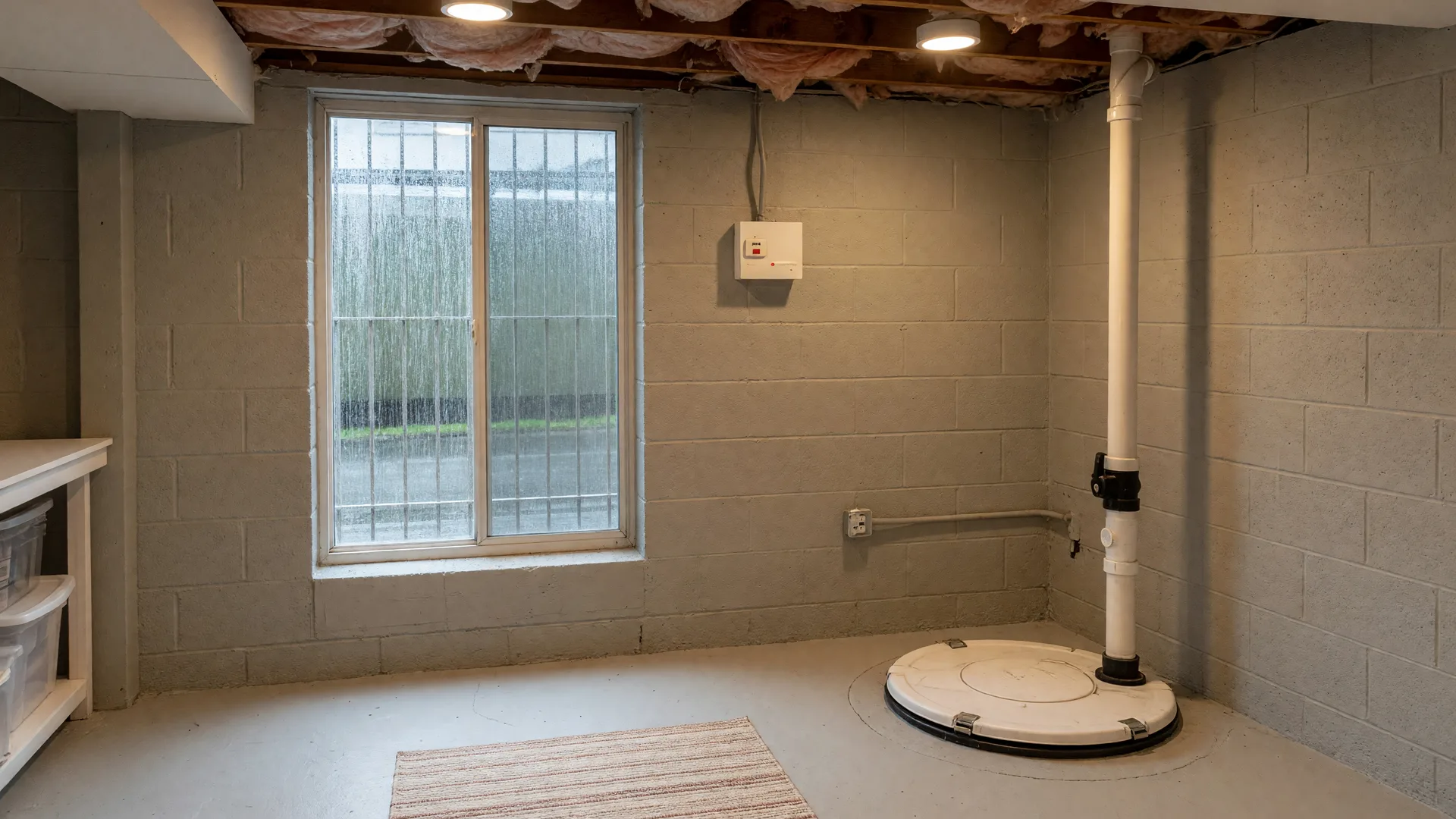 Dry finished basement with a covered sump pump basin and discharge pipe in the corner
