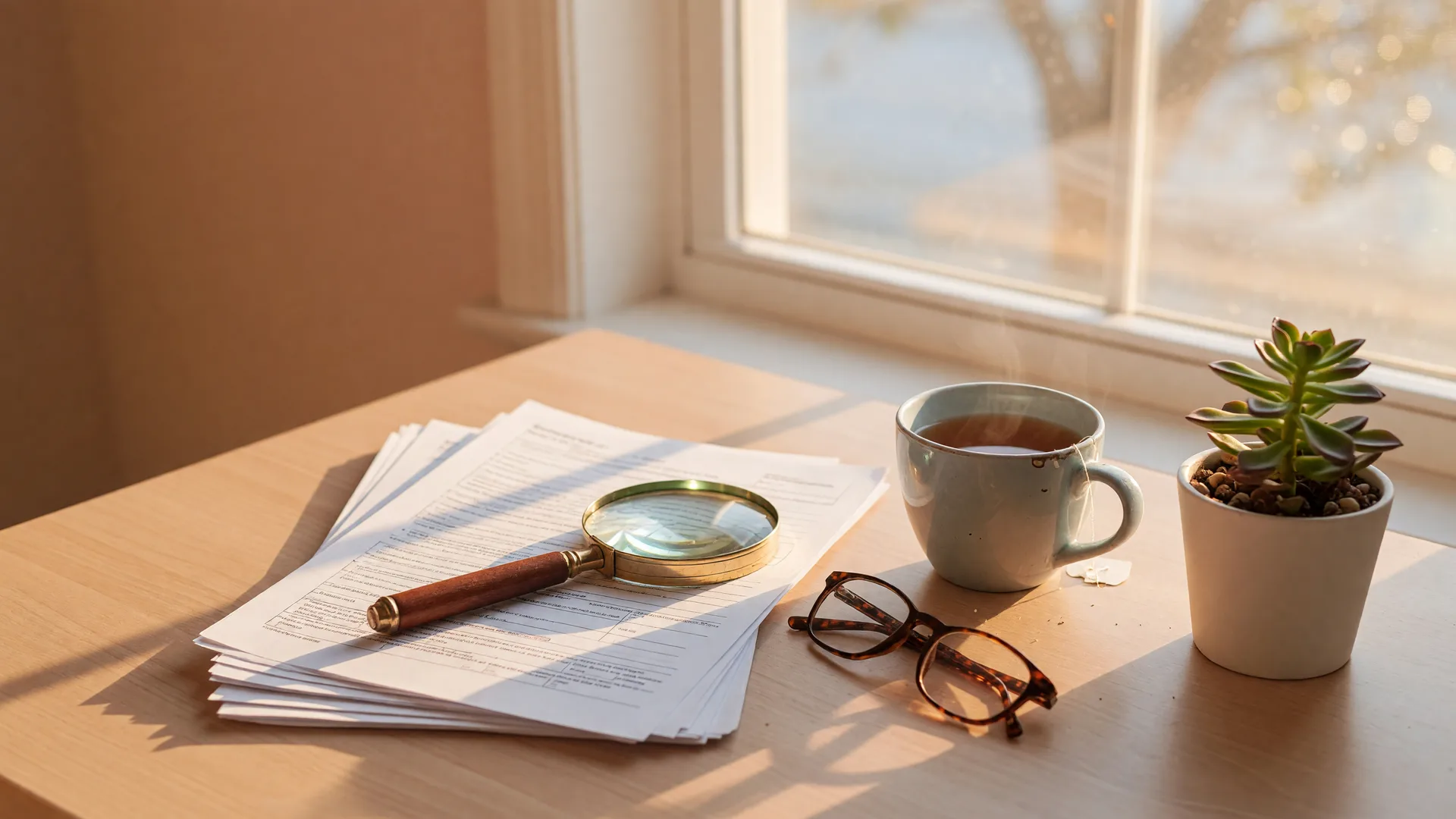 A tidy kitchen table with a stack of mortgage documents, a magnifying glass, reading glasses, and a mug of tea beside a bright window