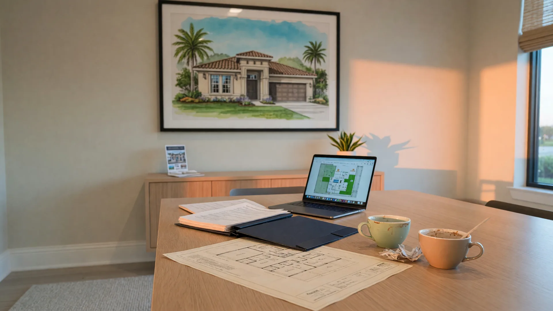 A floor plan and contract folder on a table in a bright new-home sales office, with warm afternoon light through large windows.