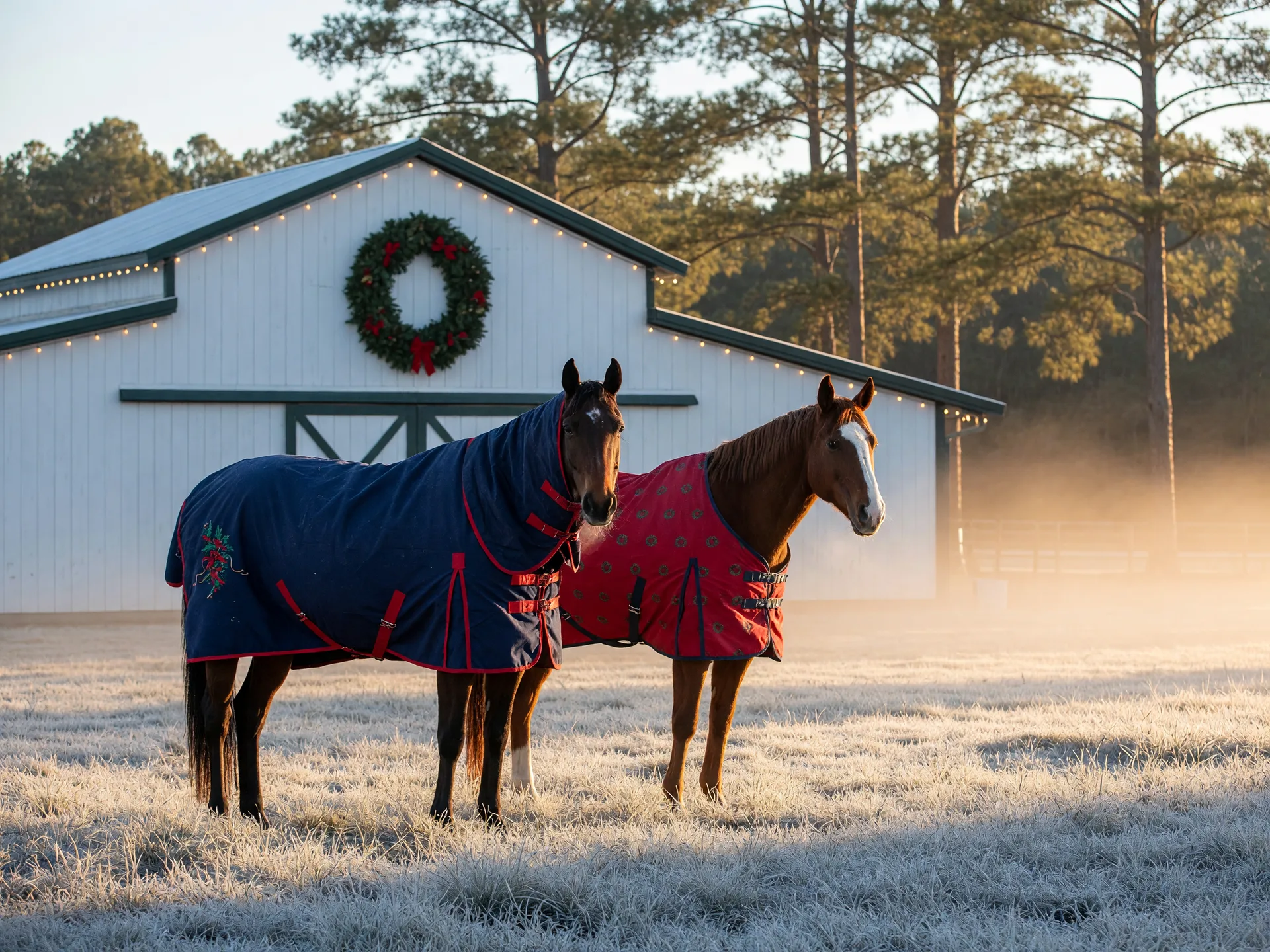 Two horses in navy and red holiday turnout blankets standing in a frost-dusted paddock in Aiken, with a white board barn trimmed in an evergreen wreath and warm lights behind them on a crisp December morning