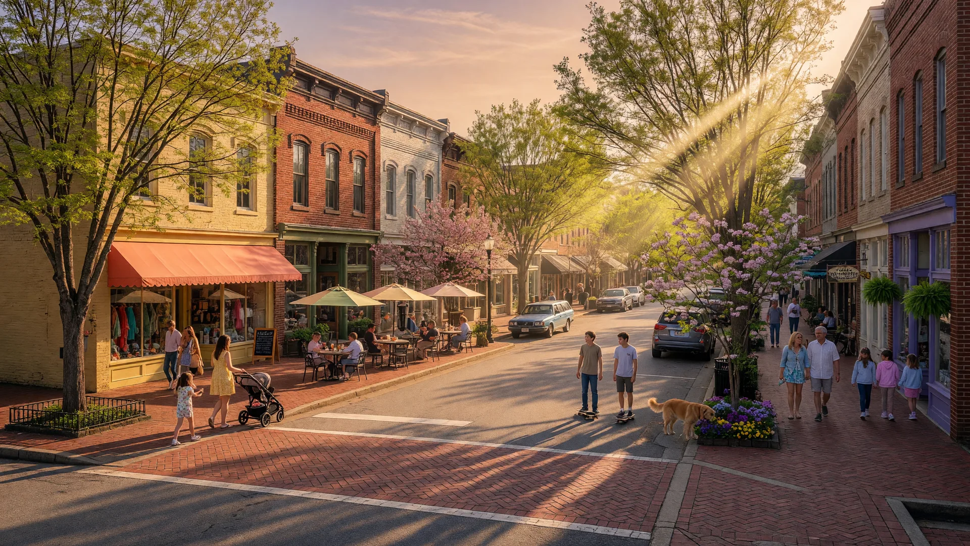 Downtown Woodstock, Georgia on a warm spring afternoon with historic Main Street buildings, brick sidewalks, and families enjoying the revitalized downtown district