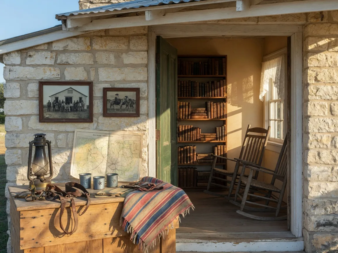 Historic limestone building and vintage artifacts at a Texas Legends and Lore gathering