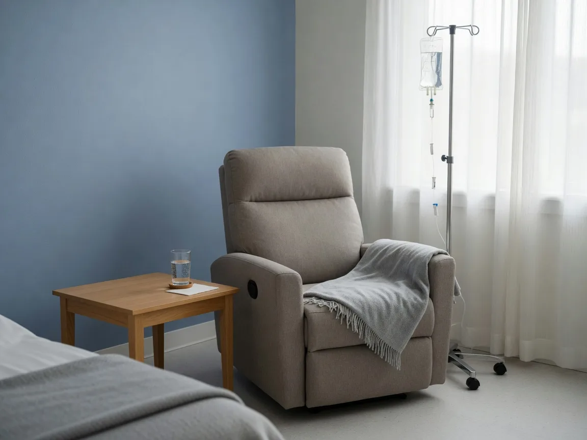 A calm IV infusion therapy room with a recliner, IV pole and soft blue accent wall