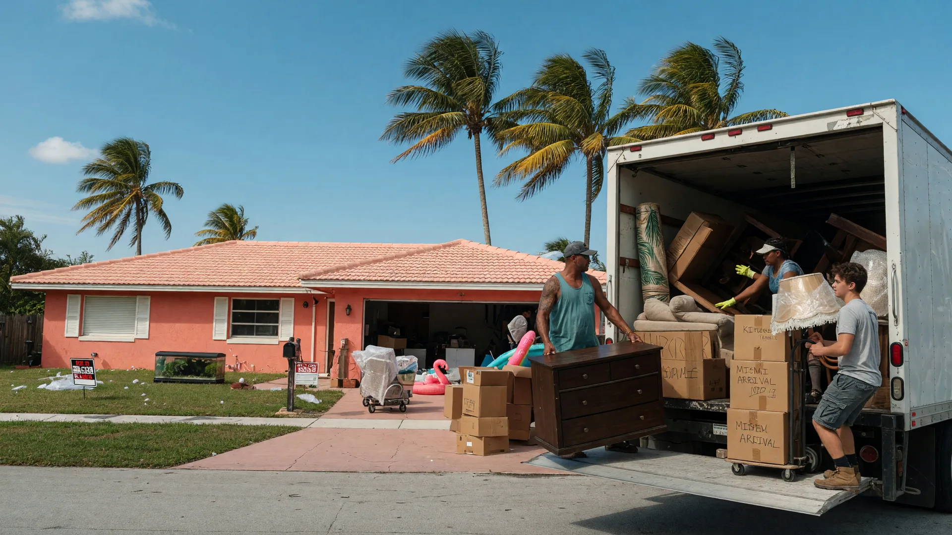 Moving truck being loaded with furniture and boxes at a South Florida home with palm trees, representing relocation to South Florida