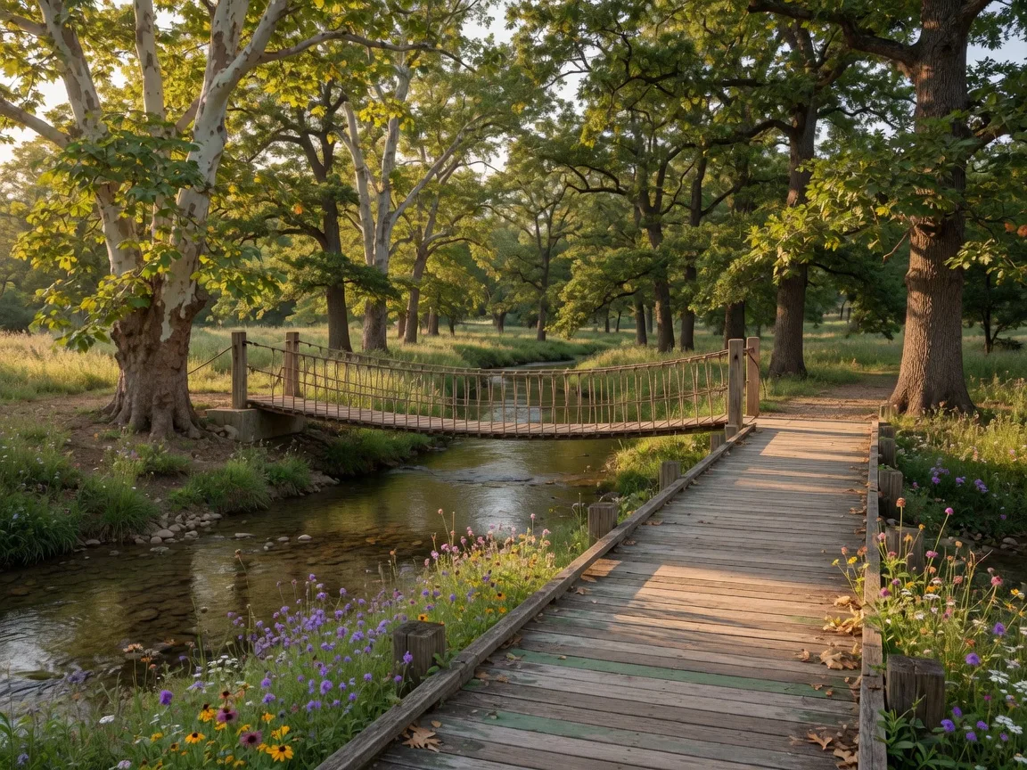 A wooden boardwalk crossing a creek in an Oklahoma nature park