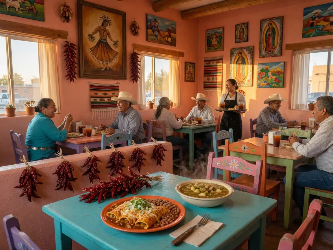 Warm interior of The Original Cocina Azul restaurant in Albuquerque showing red chile ristras, colorful Southwestern decor, and a plate of enchiladas and green chile stew