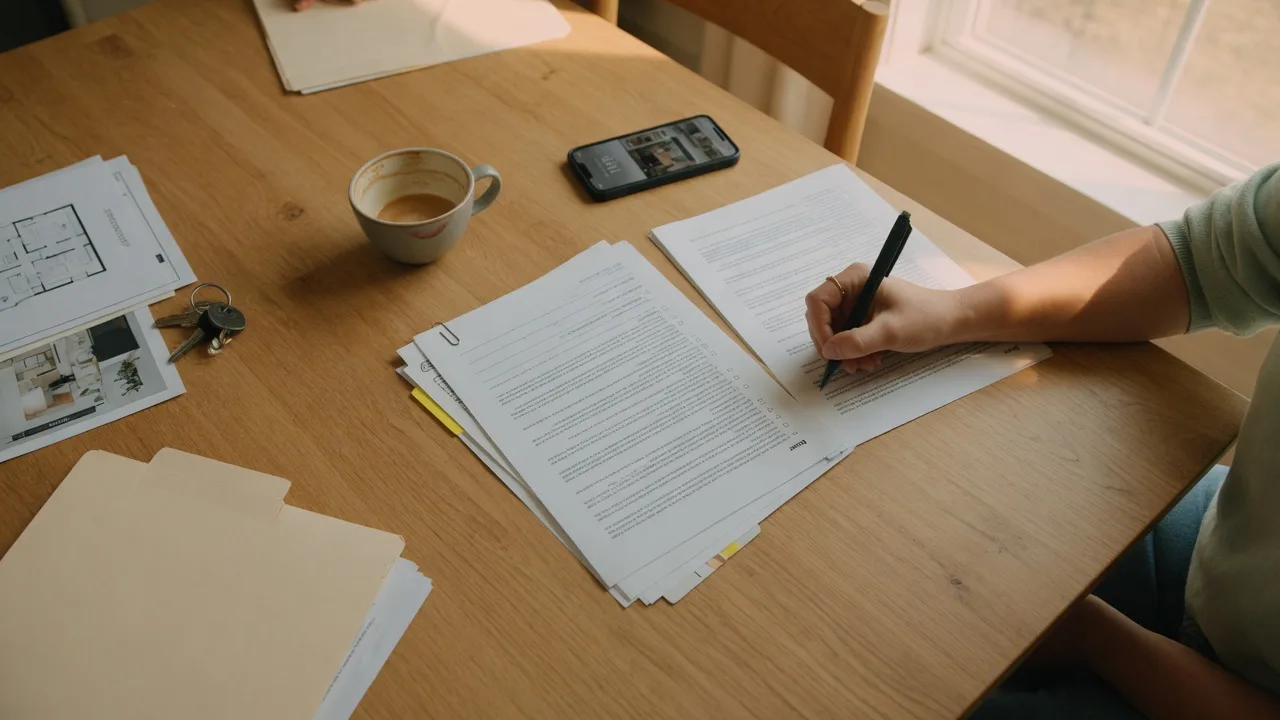 Home buyer signing a real estate contract at a light oak table with a pen and smartphone