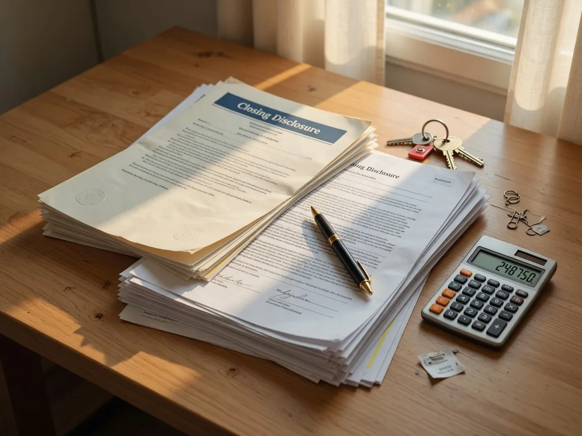 Home sale closing documents stacked on a wooden desk with a pen, calculator, and house keys, bathed in soft natural window light