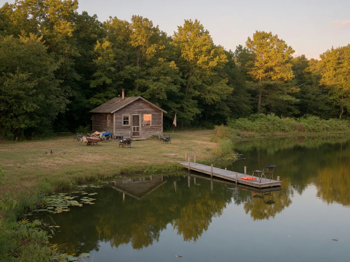 A small hunting cabin beside a quiet pond on a recreational property